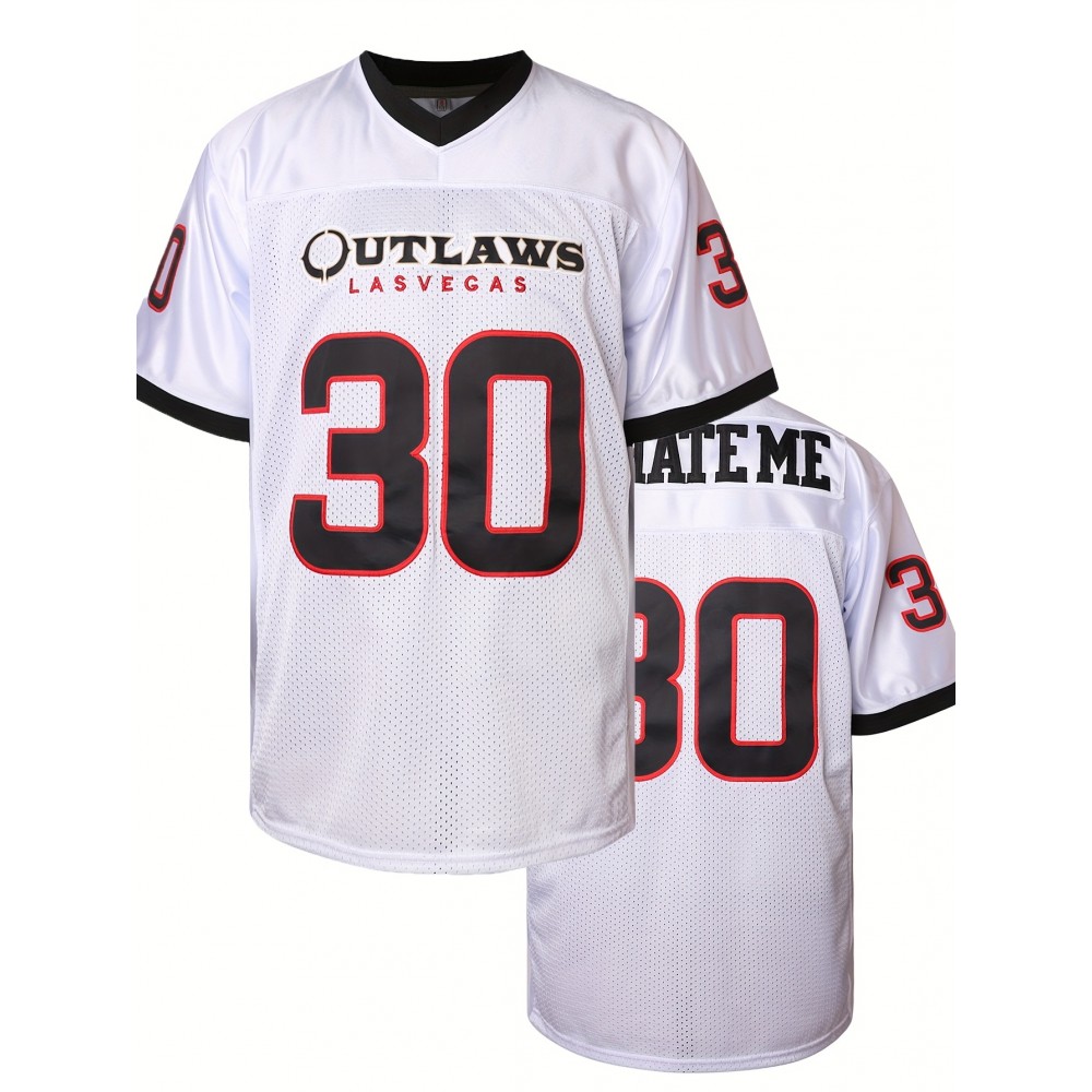 Men's #30 Embroidered Football Jersey - Breathable White Sports Shirt with V-Neck, Striped Sleeves for Outdoor Activities & Parties, Sizes S-XXXL, Outdoor Party Attire|Striped Sports Shirt|Polyester Fiber Jersey, Football Accessories