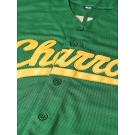 Men's Green Embroidered Polyester Baseball Shirt #55, V-Neck, Button Closure - Ideal for Spring, Summer, and Autumn Sports, Casual Wear Sizes S-XXXL
