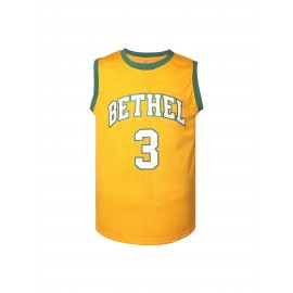 Men's #3 Yellow Embroidered Basketball Jersey - Sleeveless Polyester Sports Top with Green Trim, Classic Athletic Shirt for Fans, Parties, and Casual Wear, Outdoor Apparel | Team Style Top | Embroidered Details