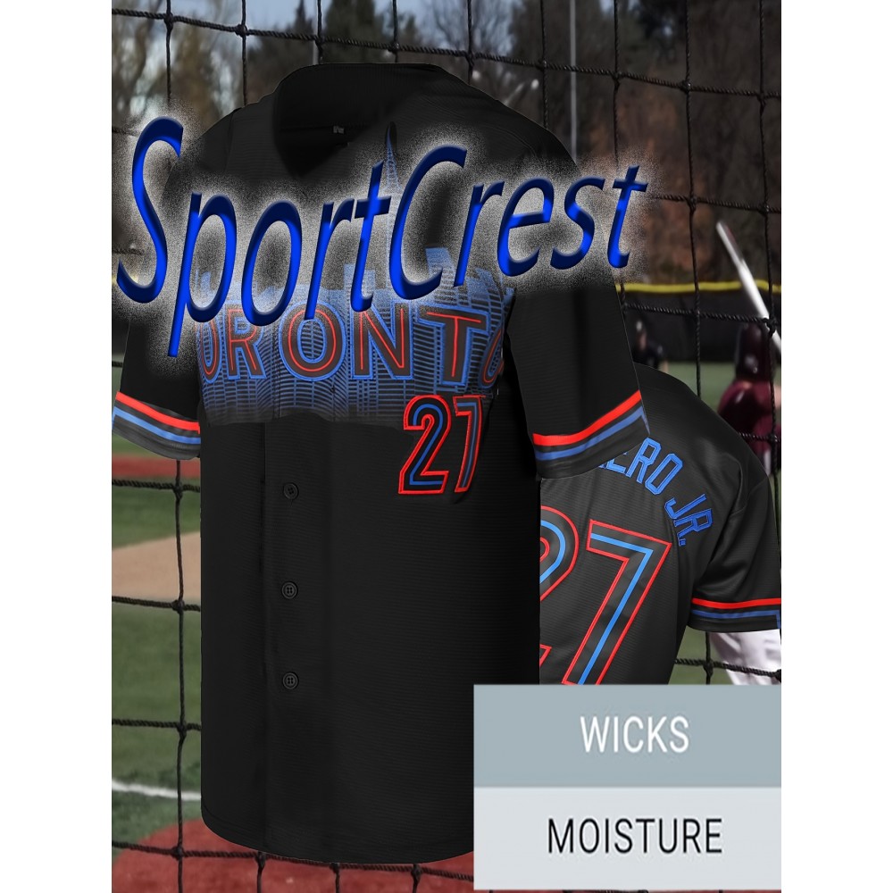 Men's Retro Baseball Jersey Number 27 - Black Polyester V-Neck Loose Fit with Full Embroidery, Moisture-Wicking & Machine Washable - All-Season Casual & Sports Wear (S-3XL), Outdoor Activity Apparel | Sporty Look | Durable Embroidery, Best for Christmas