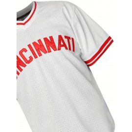 Men's Retro Baseball Jersey - White #5 Embroidered Cincinnati Team Name & Red Stitching, Loose Fit V-Neck Button-Up Short Sleeve, All-Season Machine Washable Polyester Shirt for Sports, Casual & Holidays (Sizes S-3XL), Best for Christmas