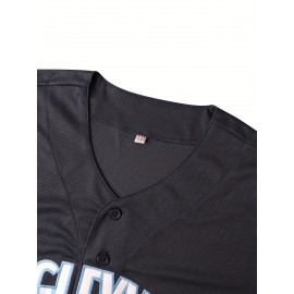 Men's #7 Navy Blue Embroidered Baseball Jersey - V-Neck, Short Sleeve, Polyester Sports Shirt for All Seasons