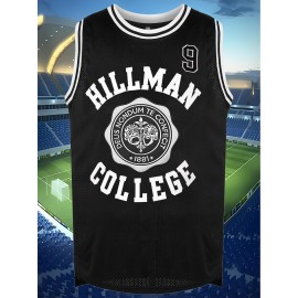 Men's #9 Embroidered Basketball Jersey - White & Red Hillman College Design, Loose Fit, Round Neck, S-3XL, Polyester Knit Fabric for Sports & Casual Wear, Outdoor Activewear | Loose Fit Jersey | Embroidered Detailing