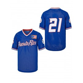 21 Puerto Rico baseball jersey button up shirt men's jersey embroidered men's jersey retro short sleeved V-neck casual sportswear loose game and party