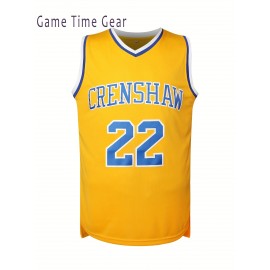 Men's #22 Crenshaw Embroidered Basketball Jersey - Yellow with Blue Trim, V-Neck, Sleeveless Sports Uniform for Streetball, Parties & Casual Wear, Sizes S-XXXL