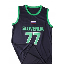 Men's Basketball Jersey #77 - Navy Blue Slovenia National Team Design with Flag Patch, Loose Fit Breathable Fabric for Training, Team Sports & Casual Wear (S-XXXL), Team Apparel | Casual Jersey | Detailing, Basketball Gear