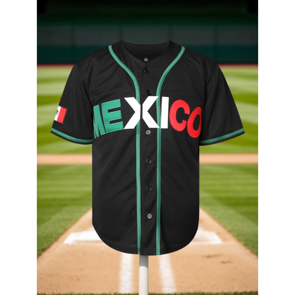 Men's MEXICO Embroidered Baseball Jersey - V-Neck, Button-Up Shirt for Games, Parties & Training - Breathable Polyester, Machine Washable