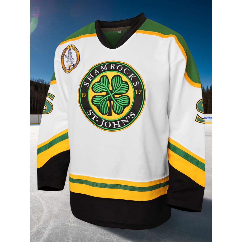 1pc Men'S Shamrocks #3 Ice Hockey Jersey - Embroidered V-Neck Long Sleeve Sports Top, Casual & Team Wear, Knit Polyester, Slight Stretch, Four Seasons, Adult - White with Vintage Color Block Design