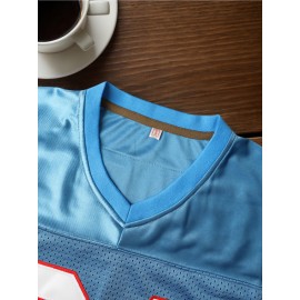 1pc Men'S Vintage Blue #34 Embroidered Polyester Sports Jersey - Breathable V-Neck Short Sleeve Top for Training, Casual Wear & Football Events, Slight Stretch Knit Fabric, Four Seasons