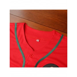 Men'S Polyester Baseball Jersey, Mexico-Themed Embroidered V-Neck, Slight Stretch Knit Fabric, Four Seasons Sports Shirt, for Casual, Training, Baseball, and Team Sports Events