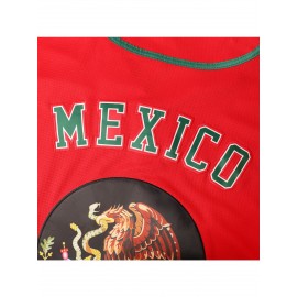 Men'S Polyester Baseball Jersey, Mexico-Themed Embroidered V-Neck, Slight Stretch Knit Fabric, Four Seasons Sports Shirt, for Casual, Training, Baseball, and Team Sports Events