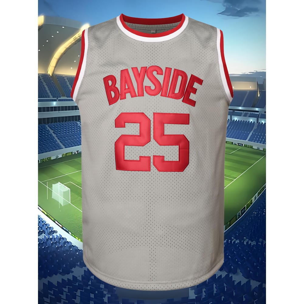 Men'S Bayside 25 Grey Basketball Jersey, Polyester Knit Fabric, Crew Neck Sleeveless Sports Shirt, Breathable & Moisture-Wicking, for Casual, Running, Training, Team Sports & Parties