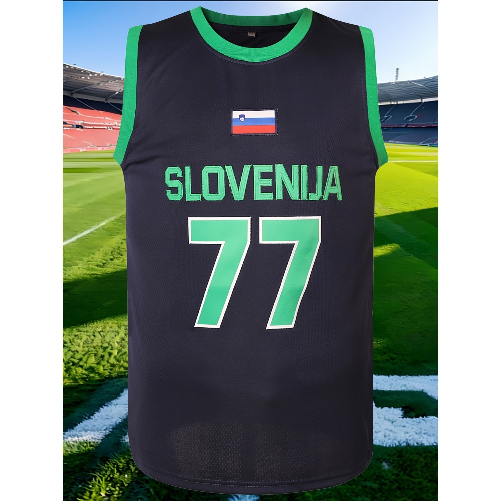Men's Basketball Jersey #77 - Navy Blue Slovenia National Team Design with Flag Patch, Loose Fit Breathable Fabric for Training, Team Sports & Casual Wear (S-XXXL), Team Apparel | Casual Jersey | Detailing, Basketball Gear