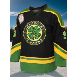 Men's #3 Shamrock Embroidered Vintage Color Block Long Sleeve Ice Hockey Jersey - Breathable Polyester, Loose Fit V-Neck for Sports & Casual Wear