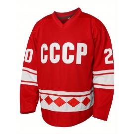 Men's #20 Red Embroidered Ice Hockey Game Jersey - V-Neck, Long Sleeve, Polyester - Suitable for Sports and Casual Wear