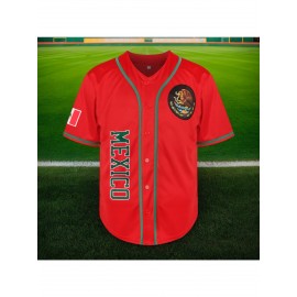 Men'S Polyester Baseball Jersey, Mexico-Themed Embroidered V-Neck, Slight Stretch Knit Fabric, Four Seasons Sports Shirt, for Casual, Training, Baseball, and Team Sports Events