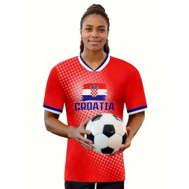 Women's Large Size Professional Sports Fabric Creative Pattern Print European National Team Soccer Jersey T-shirt, Soccer Jersey Flag Uniforms Shirts, Breathable And Lightweight, Moisture-Wicking, As Gifts For Sports Fans